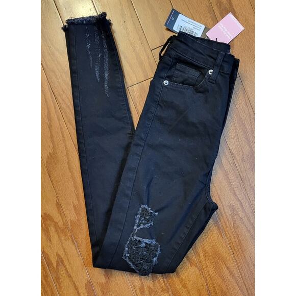 NWT Pretty Little Thing Black Jeans Women Size 2 High Rise Skinny Black Distress - Picture 1 of 13